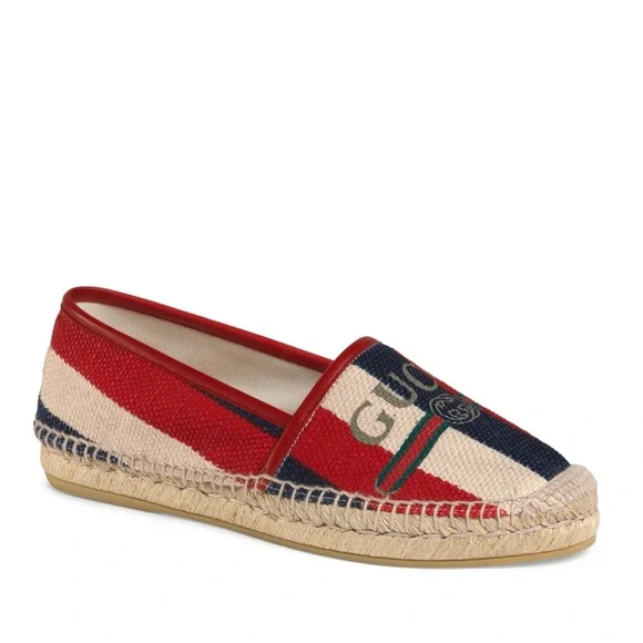 Gucci Sylvie Stripes Interlocking G Logo Canvas Leather Espadrilles Flats size 8 - Picture 2 of 12